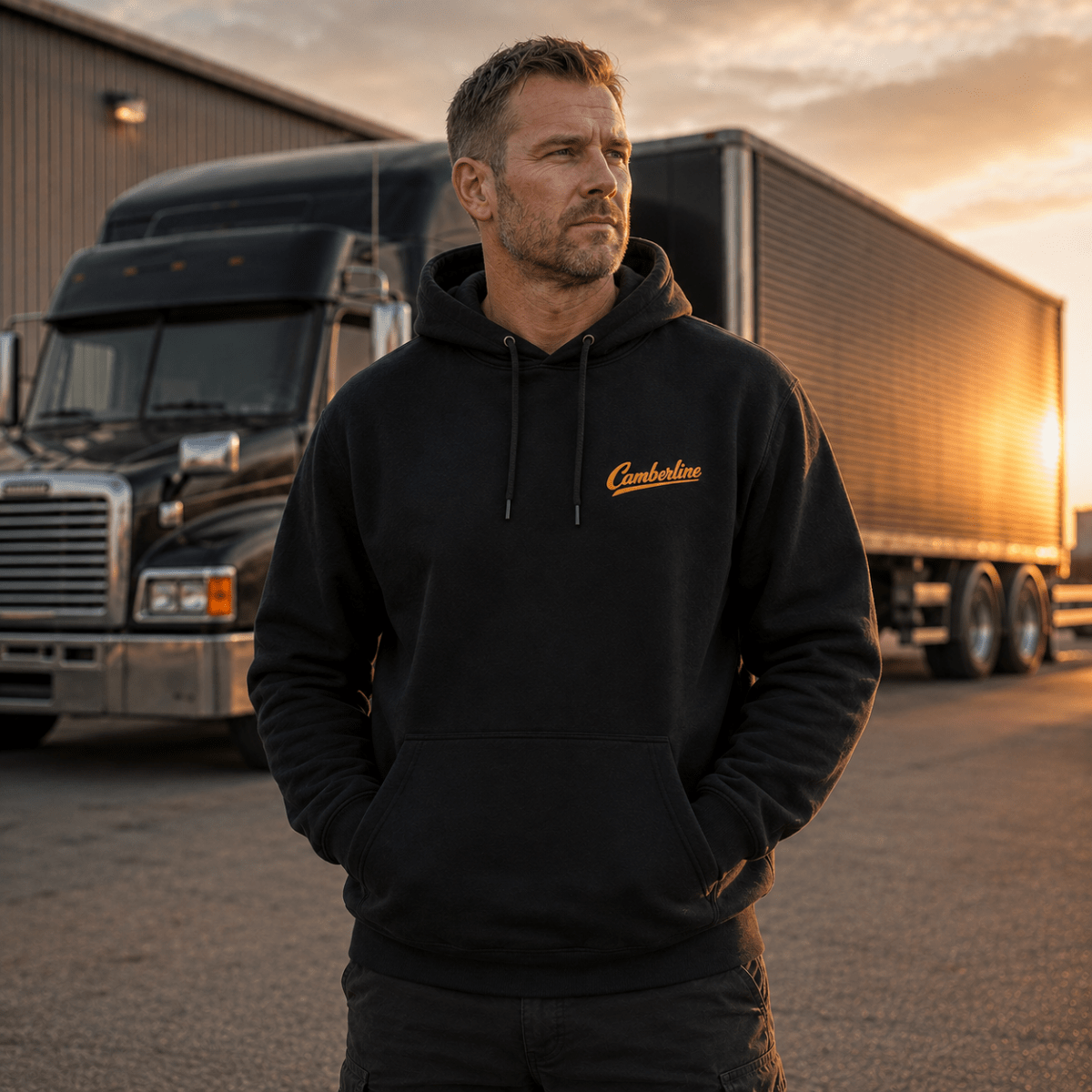 A man wearing a black pullover hoodie with a gold embroidered 'Cumberland' logo stands in front of a large semi-truck at sunset.