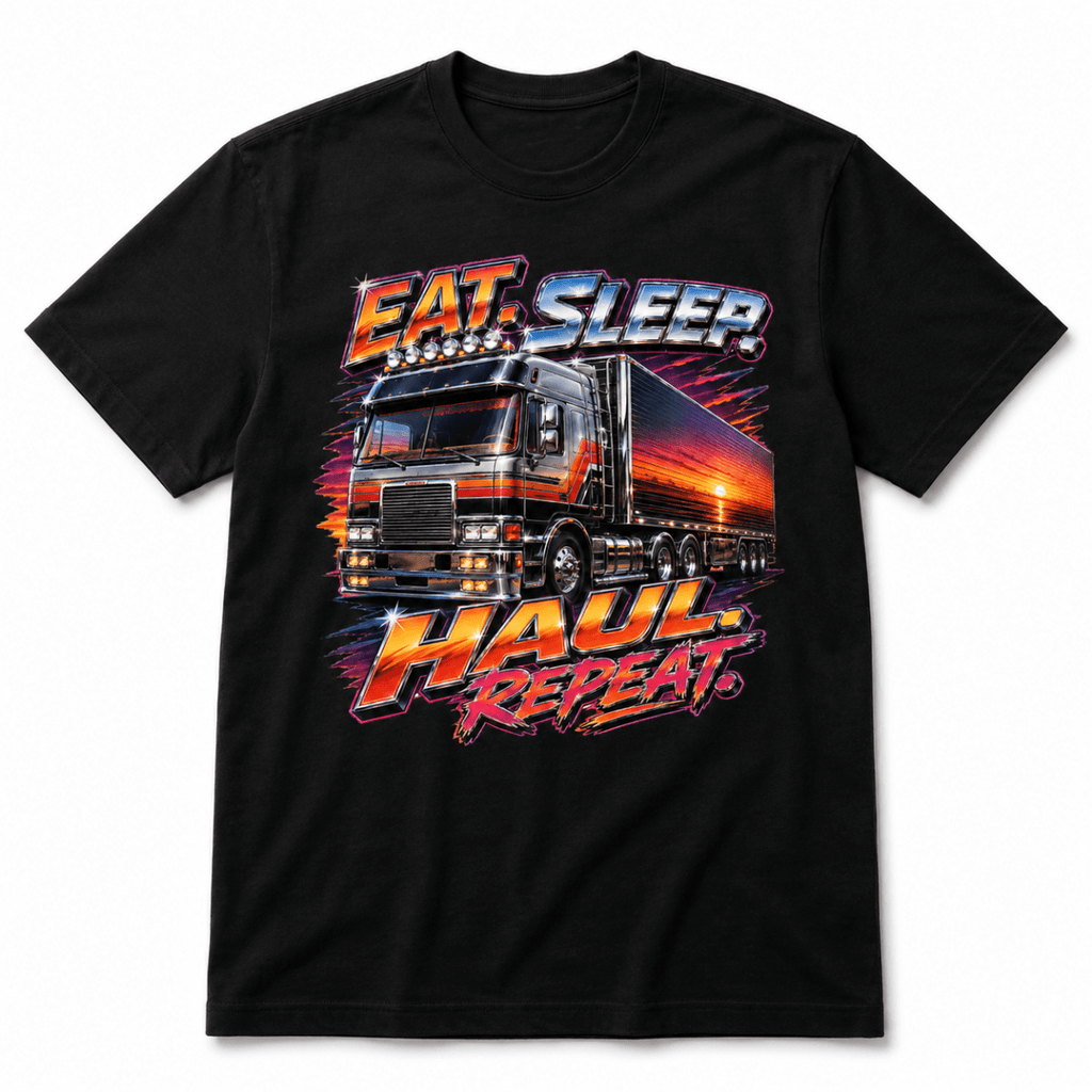 A black short-sleeve crewneck t-shirt featuring a large graphic print of a semi-truck with the text 'EAT. SLEEP.