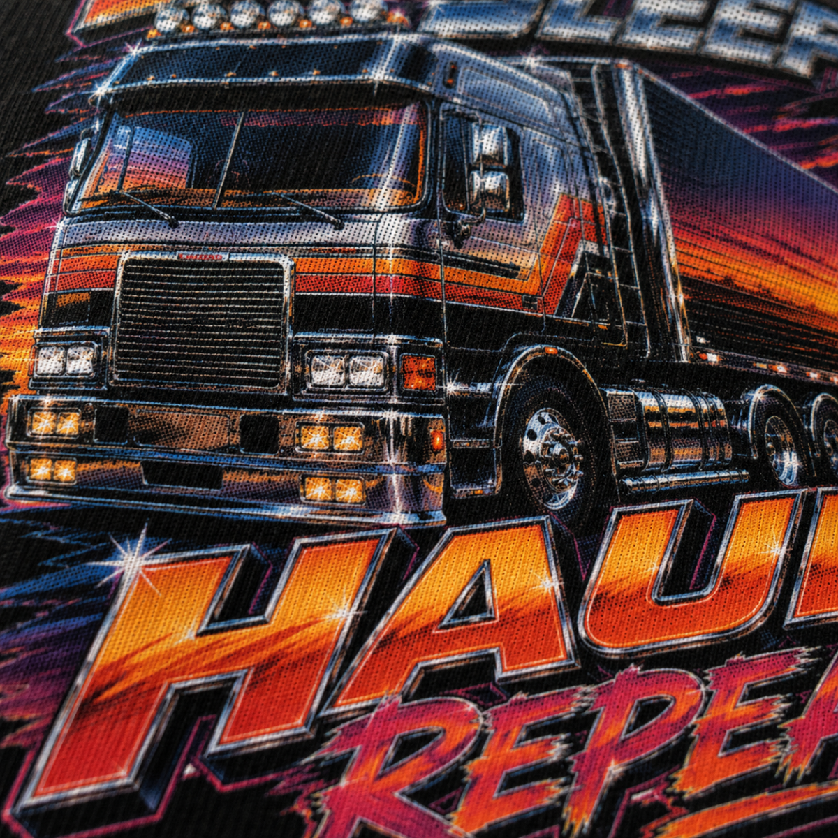 Eat Sleep Haul Repeat lorry T-shirt – print close-up