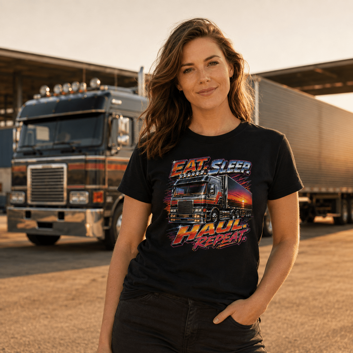 A woman stands outdoors in front of a semi-truck at sunset, wearing a black graphic T-shirt with a colorful truck print and the words 'EAT SLEEP HAUL REPEAT'.