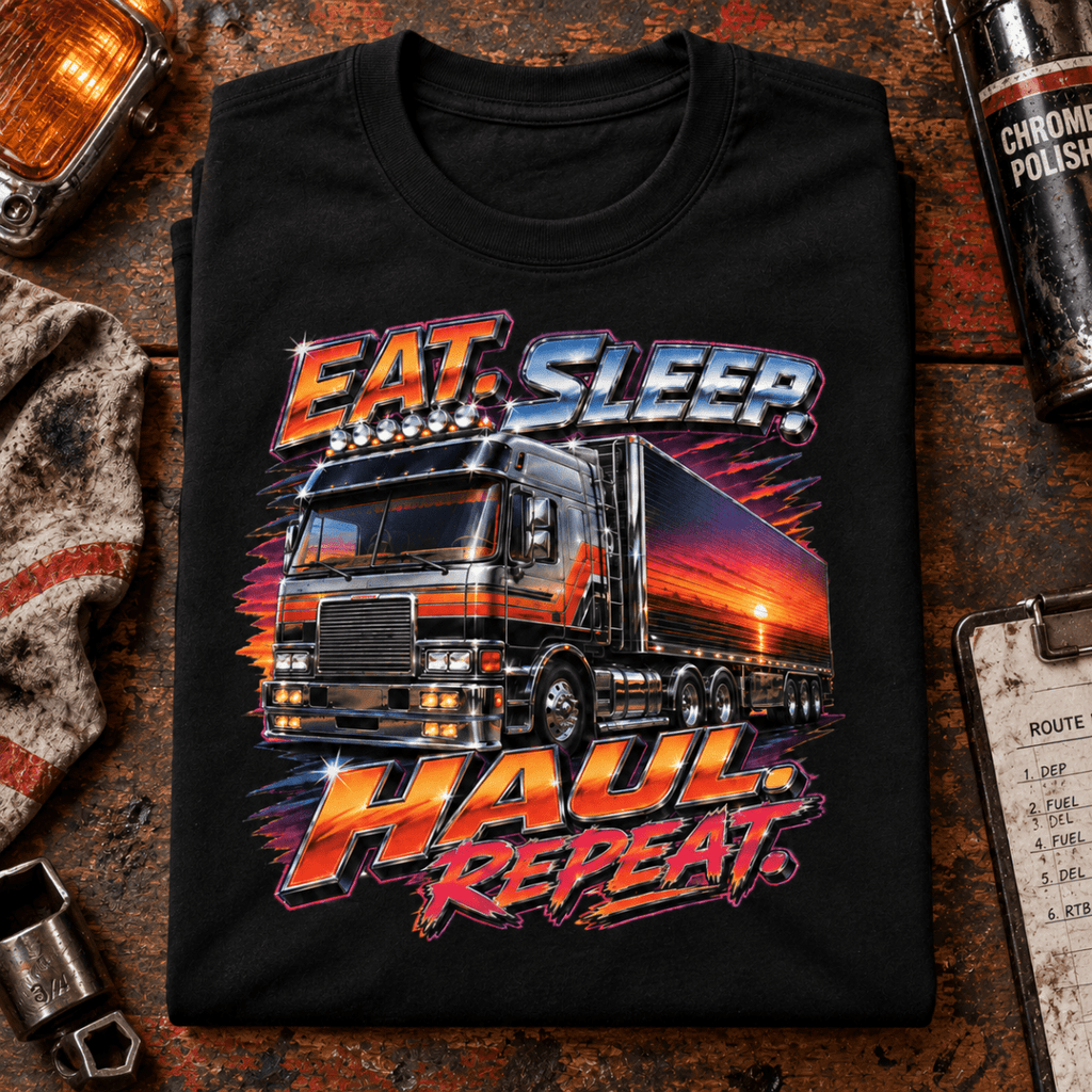 Black Eat Sleep Haul Repeat lorry T-shirt folded on a truck-show workshop bench