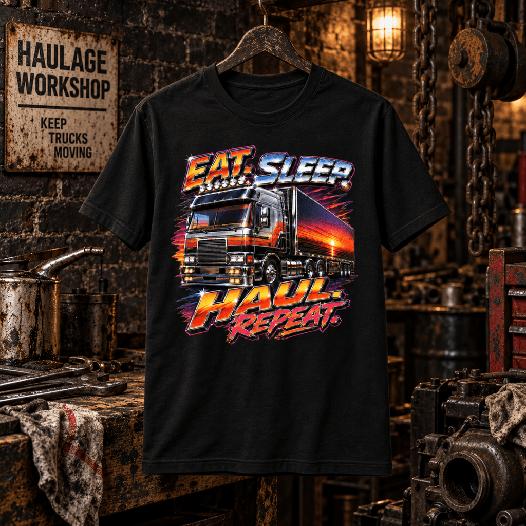 Eat Sleep Haul Repeat black T-shirt in a gritty haulage workshop