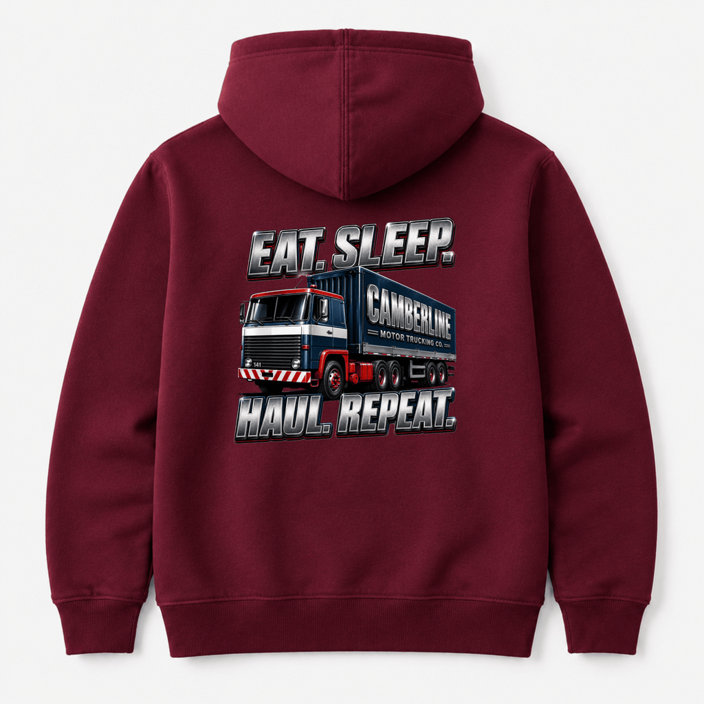 Maroon hoodie with a graphic of a truck and text on the back against a white background