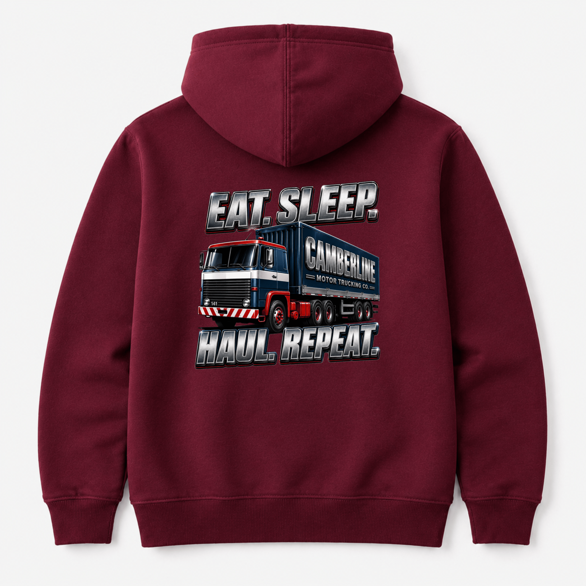 Maroon hoodie with a graphic of a truck and text on the back against a white background
