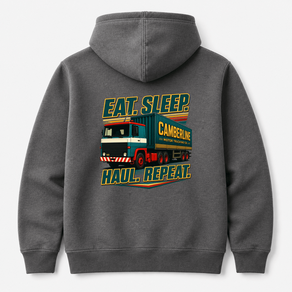 Gray hoodie with a truck graphic and text on the back against a white background