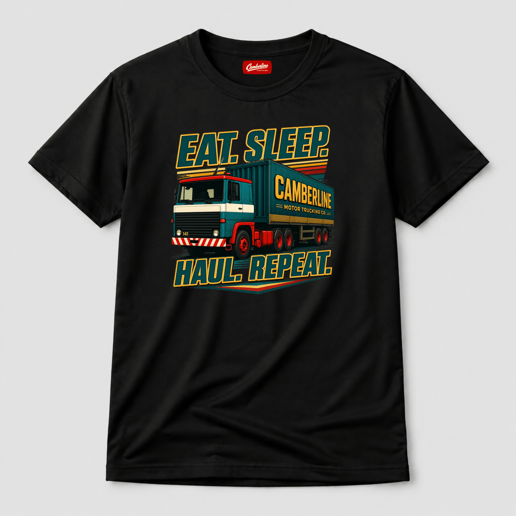 Eat Sleep Haul Repeat Camberline Motor Trucking Co. black lorry graphic t-shirt with retro teal and gold artic lorry print