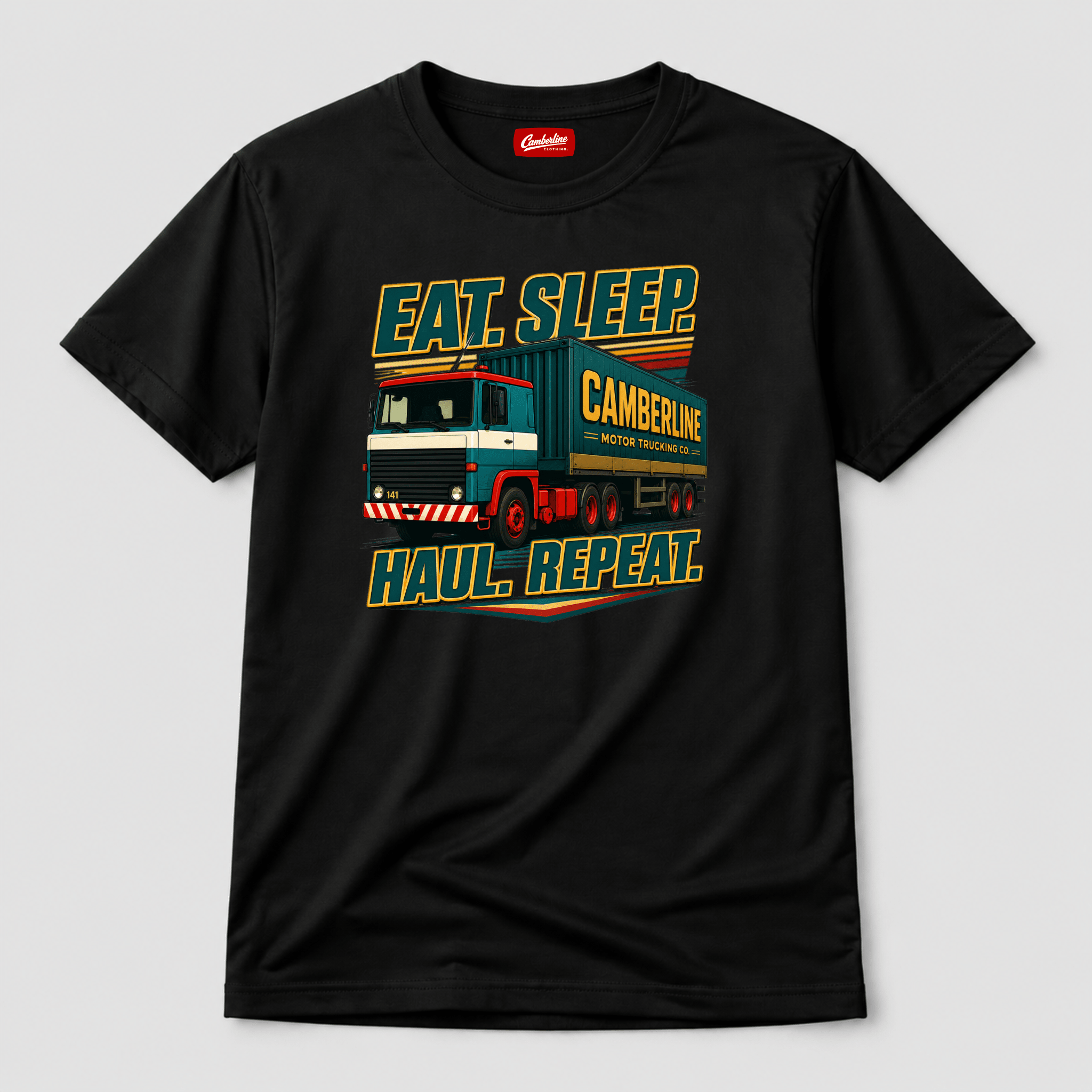 Eat Sleep Haul Repeat Camberline Motor Trucking Co. black lorry graphic t-shirt with retro teal and gold artic lorry print