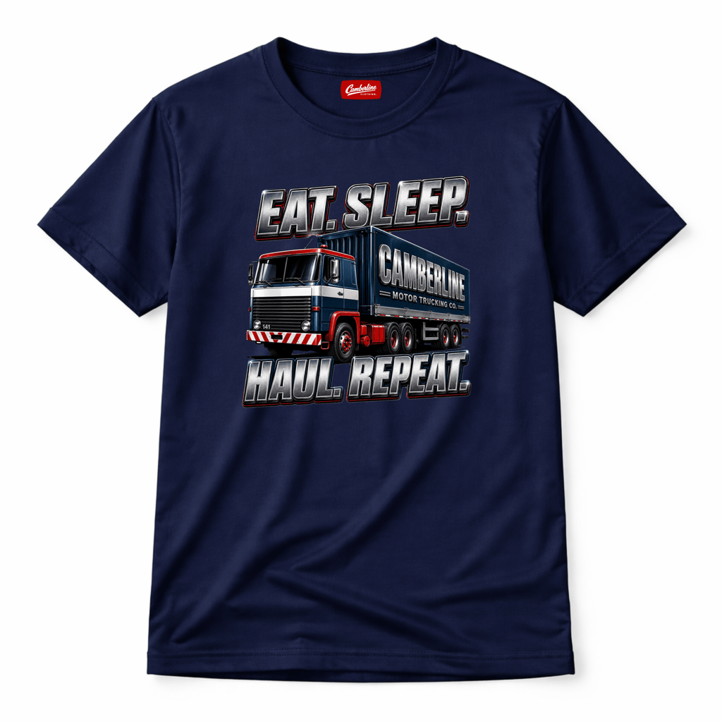 Eat Sleep Haul Repeat Camberline Motor Trucking Co. navy blue lorry graphic t-shirt with chrome lettering and detailed artic lorry print