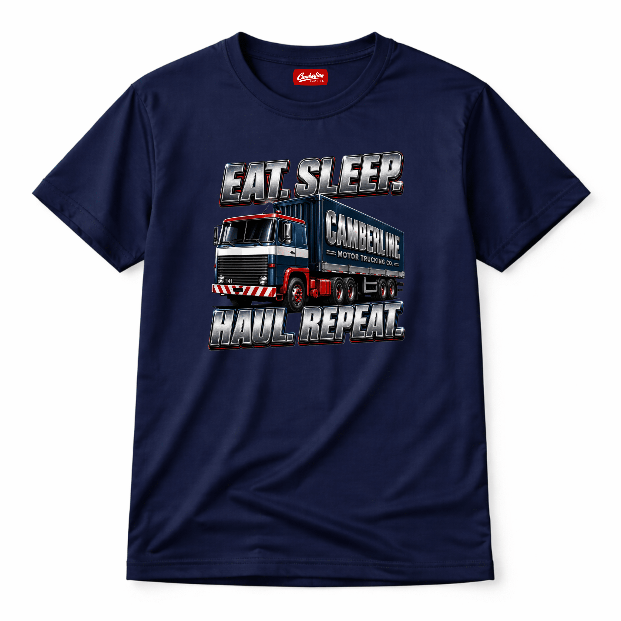 Eat Sleep Haul Repeat Camberline Motor Trucking Co. navy blue lorry graphic t-shirt with chrome lettering and detailed artic lorry print