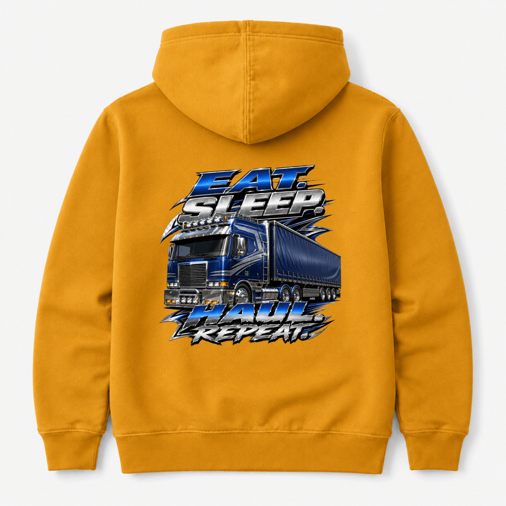 Mustard yellow hoodie displaying a blue modern lorry with chrome details and metallic text reading "Eat. Sleep. Haul. Repeat."