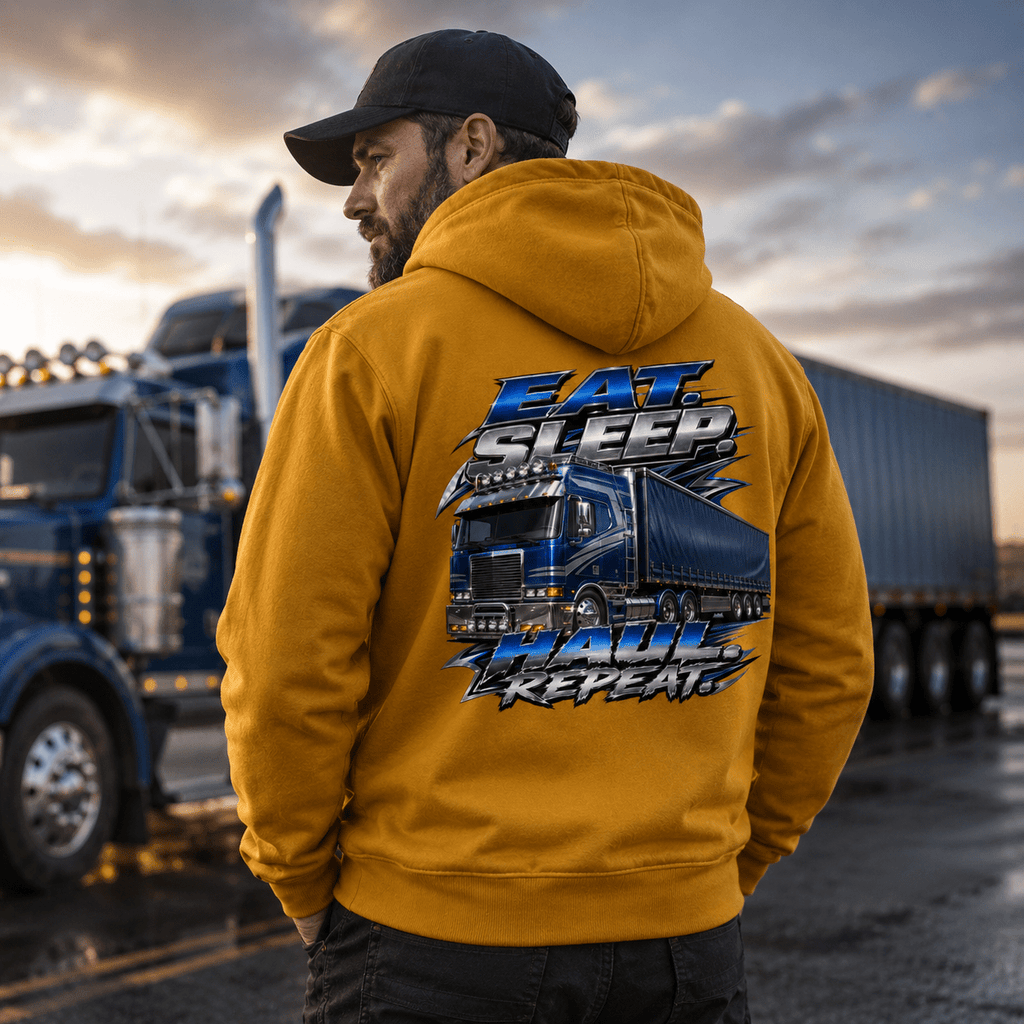 Man wearing a Mustard yellow hoodie displaying a blue modern lorry with chrome details and metallic text reading "Eat. Sleep. Haul. Repeat."