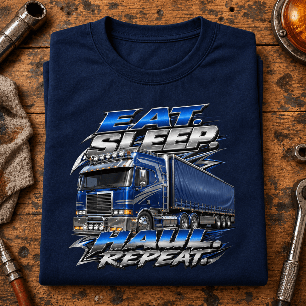 Navy chrome Eat Sleep Haul Repeat lorry T-shirt folded on a custom-truck workshop bench