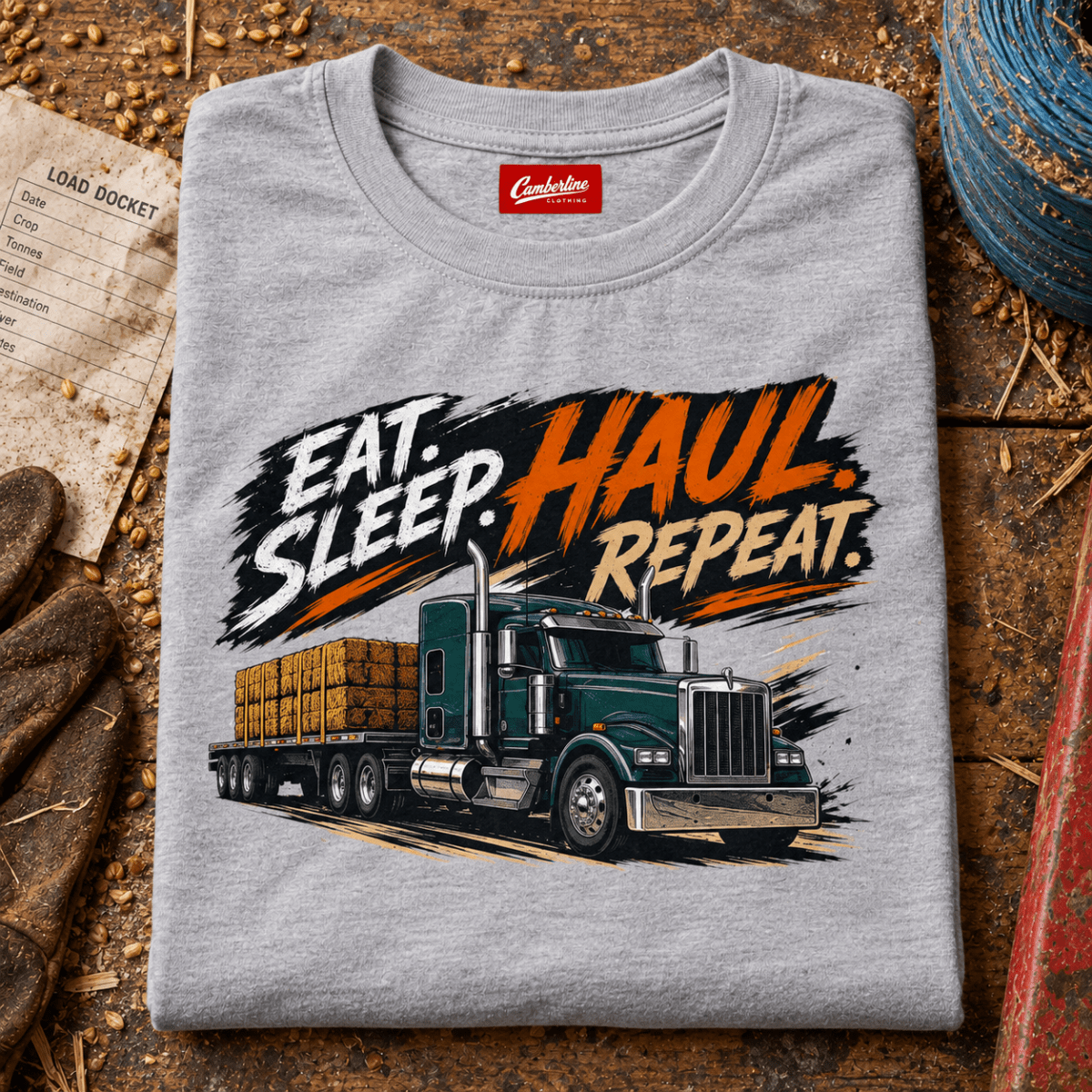 Grey Eat Sleep Haul Repeat lorry T-shirt folded in a grain-haulage shed