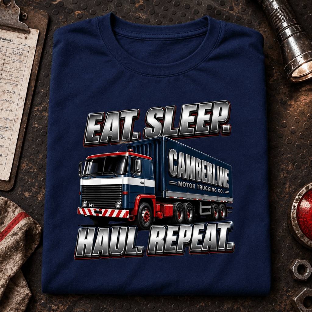 Navy Eat Sleep Haul Repeat lorry T-shirt folded on a gritty night depot desk