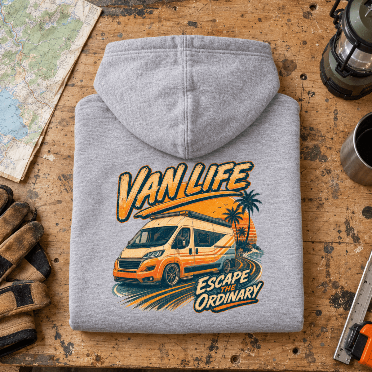 Escape the Ordinary heather grey Van Life hoodie folded back hero