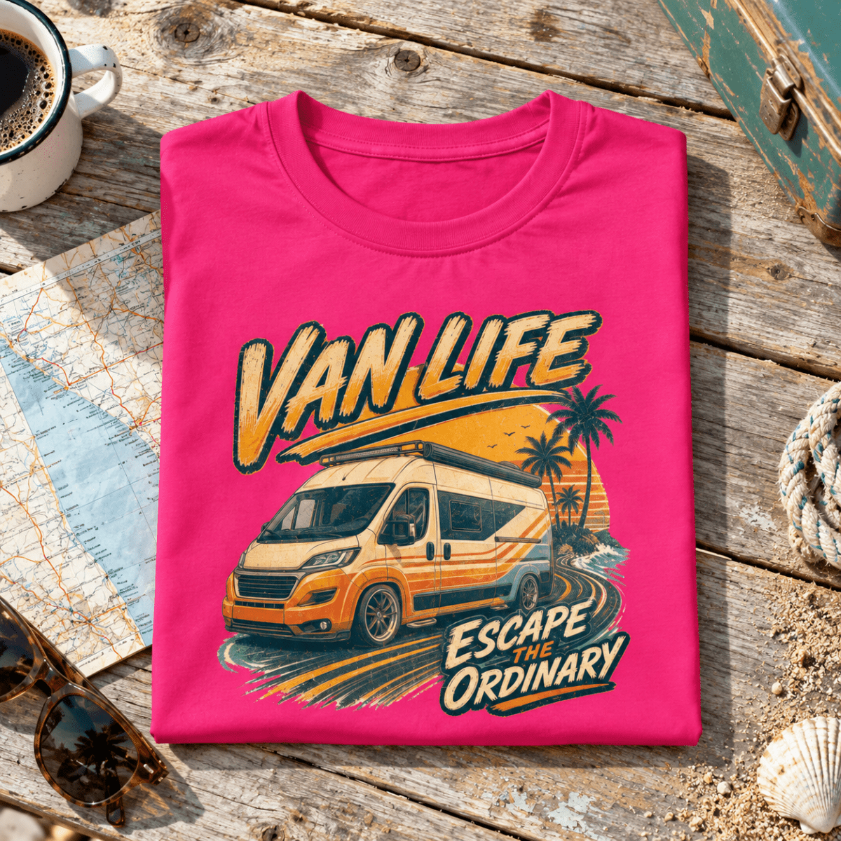 Escape the Ordinary hot pink Van Life T-shirt folded front hero