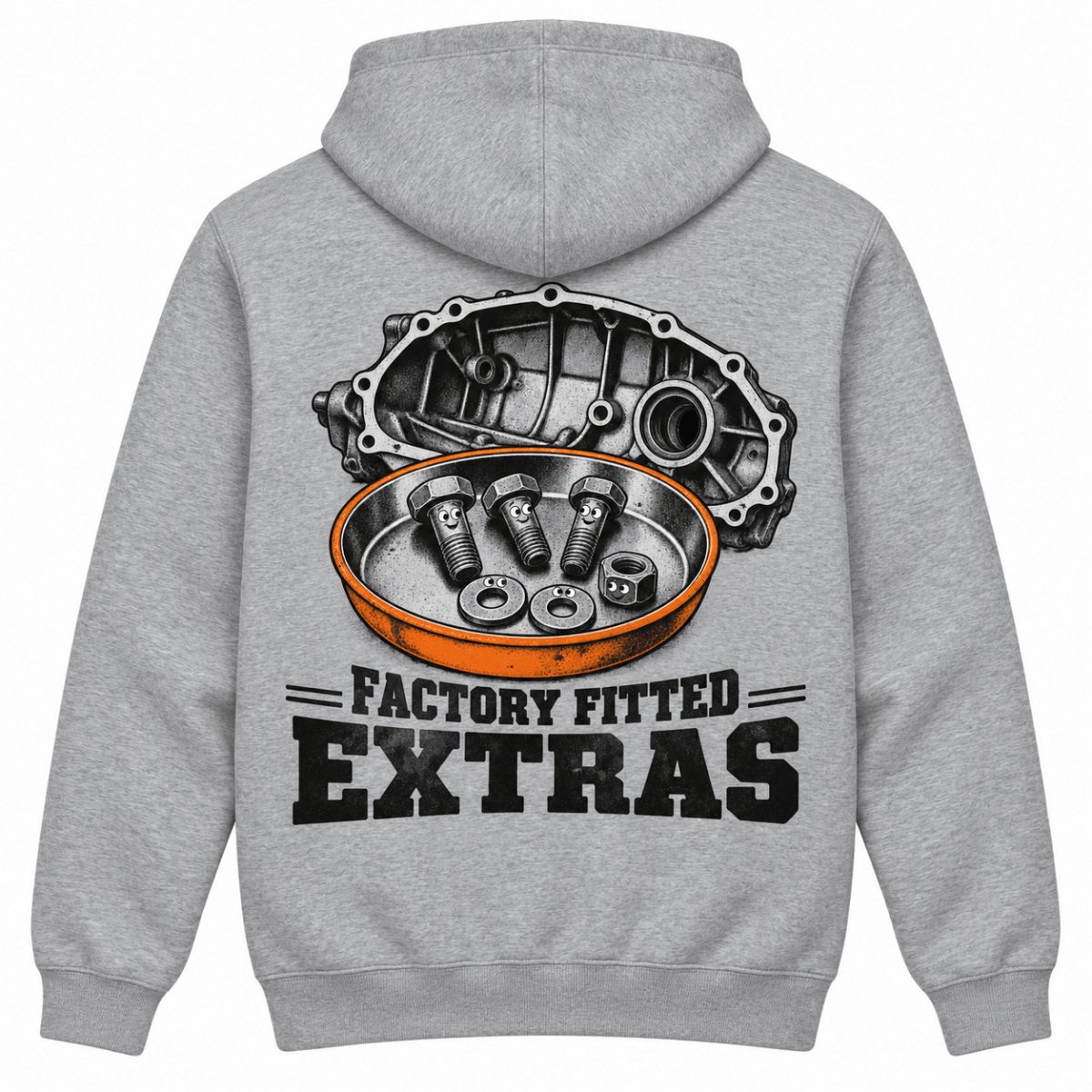 Factory Fitted Extras gearbox mechanic hoodie in sport grey (heather grey), back garment view – car-hd-0804