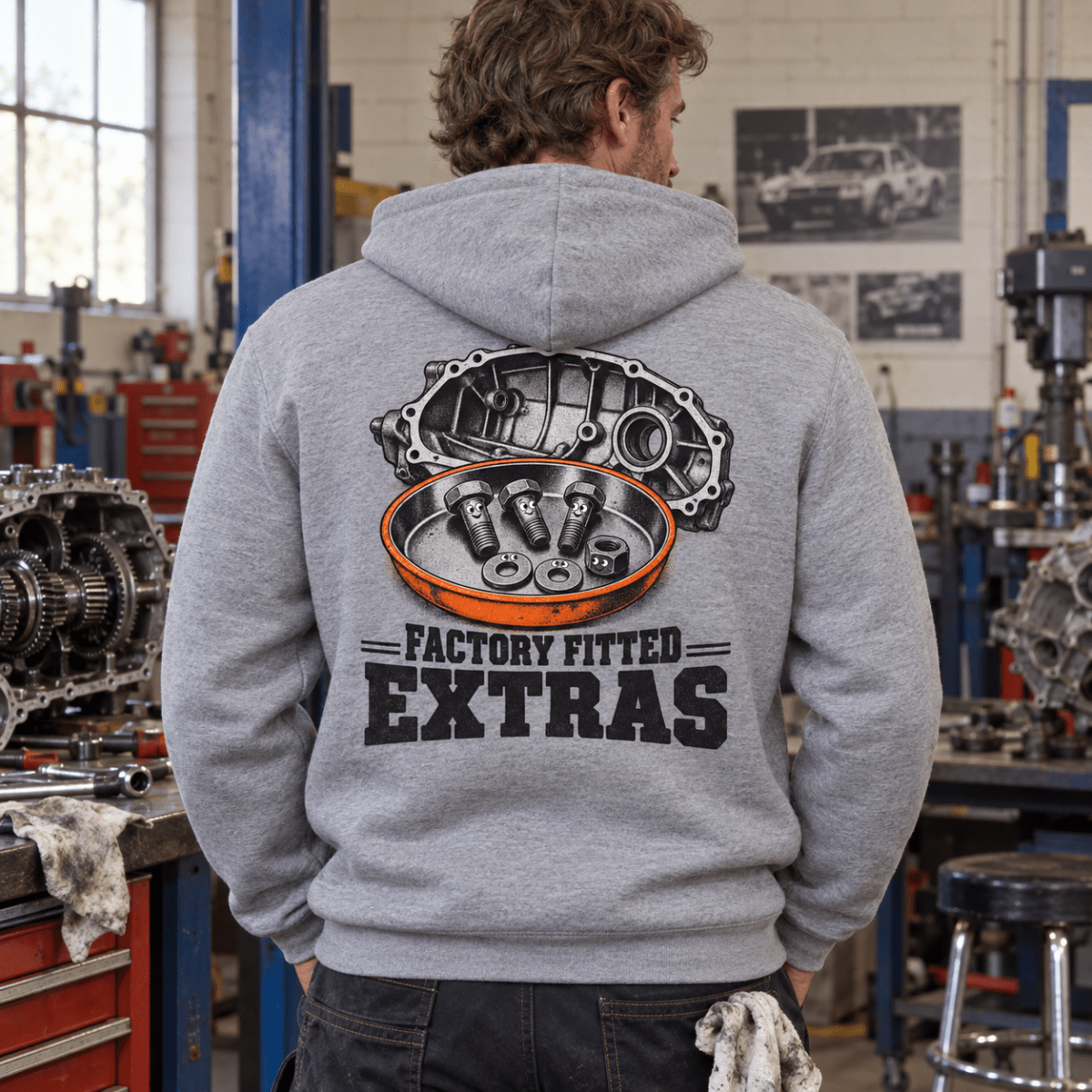 Factory Fitted Extras gearbox mechanic hoodie in sport grey (heather grey), model back – car-hd-0804