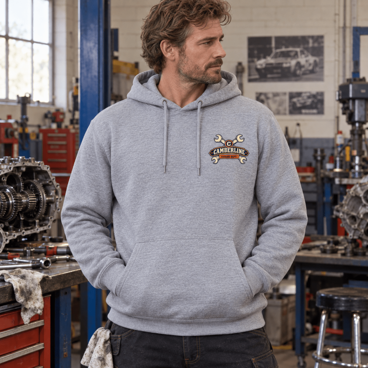 Factory Fitted Extras gearbox mechanic hoodie in sport grey (heather grey), model front – car-hd-0804