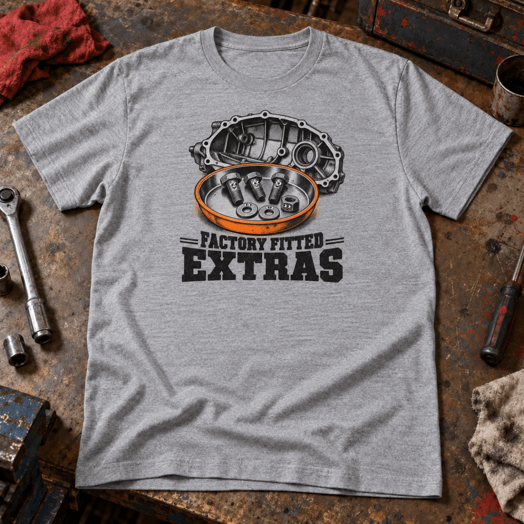 Factory Fitted Extras gearbox mechanic t-shirt in sport grey (heather grey), front workshop garment view – car-ts-0804