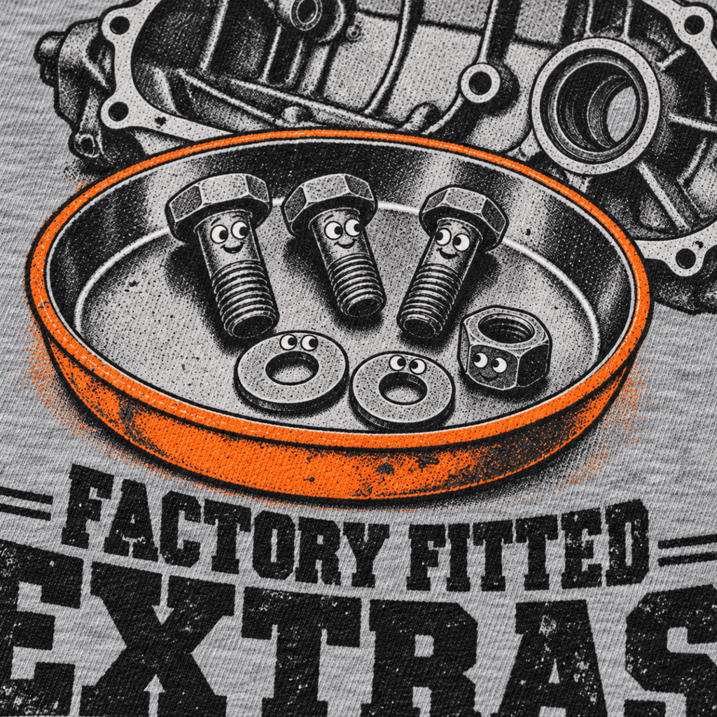 Factory Fitted Extras gearbox mechanic t-shirt in sport grey (heather grey), print close-up – car-ts-0804
