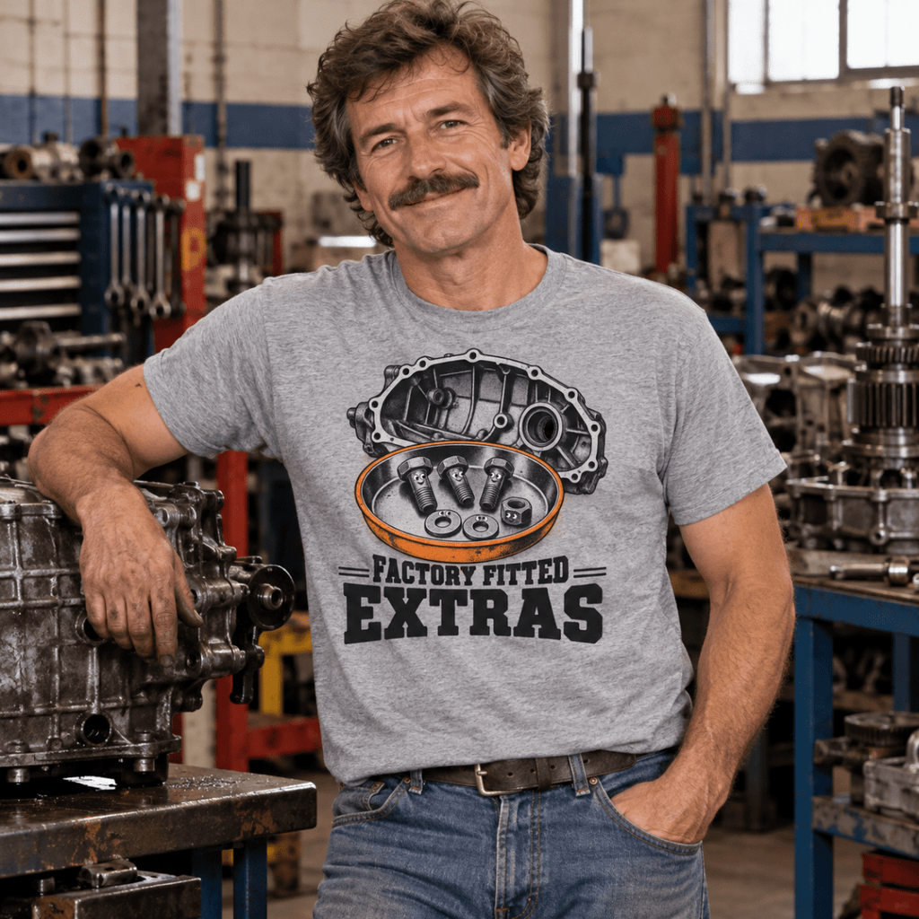 Factory Fitted Extras gearbox mechanic t-shirt in sport grey (heather grey), model front – car-ts-0804