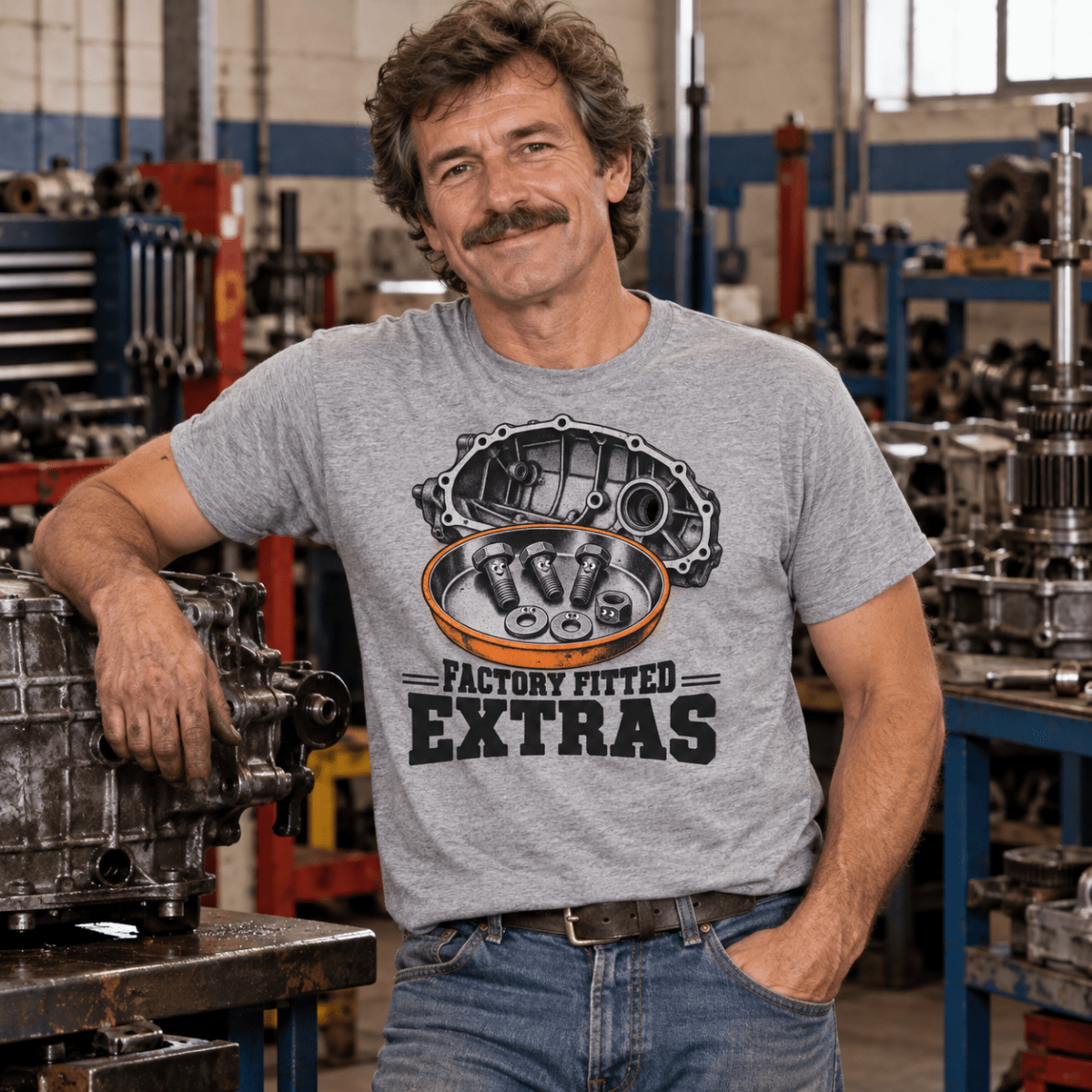 Factory Fitted Extras gearbox mechanic t-shirt in sport grey (heather grey), model front – car-ts-0804