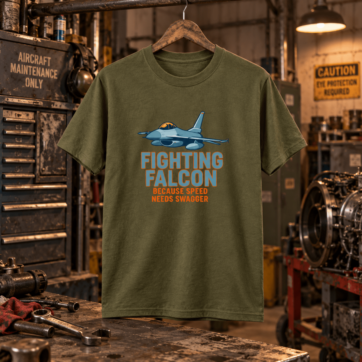 Military green Fighting Falcon aircraft graphic T-shirt in a gritty aviation workshop