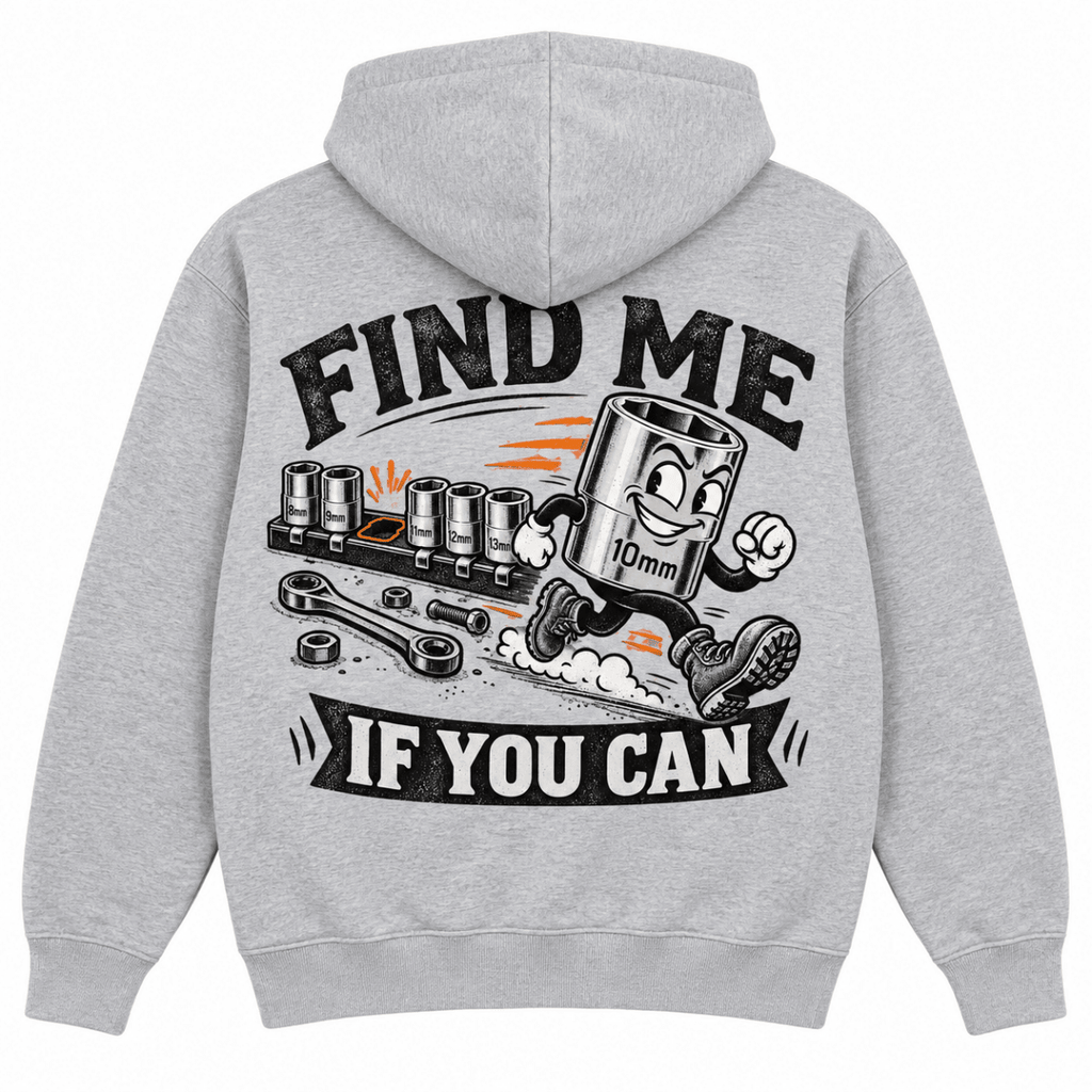 Find Me If You Can 10mm socket mechanic hoodie in sport grey (heather grey), back garment view – car-hd-0801