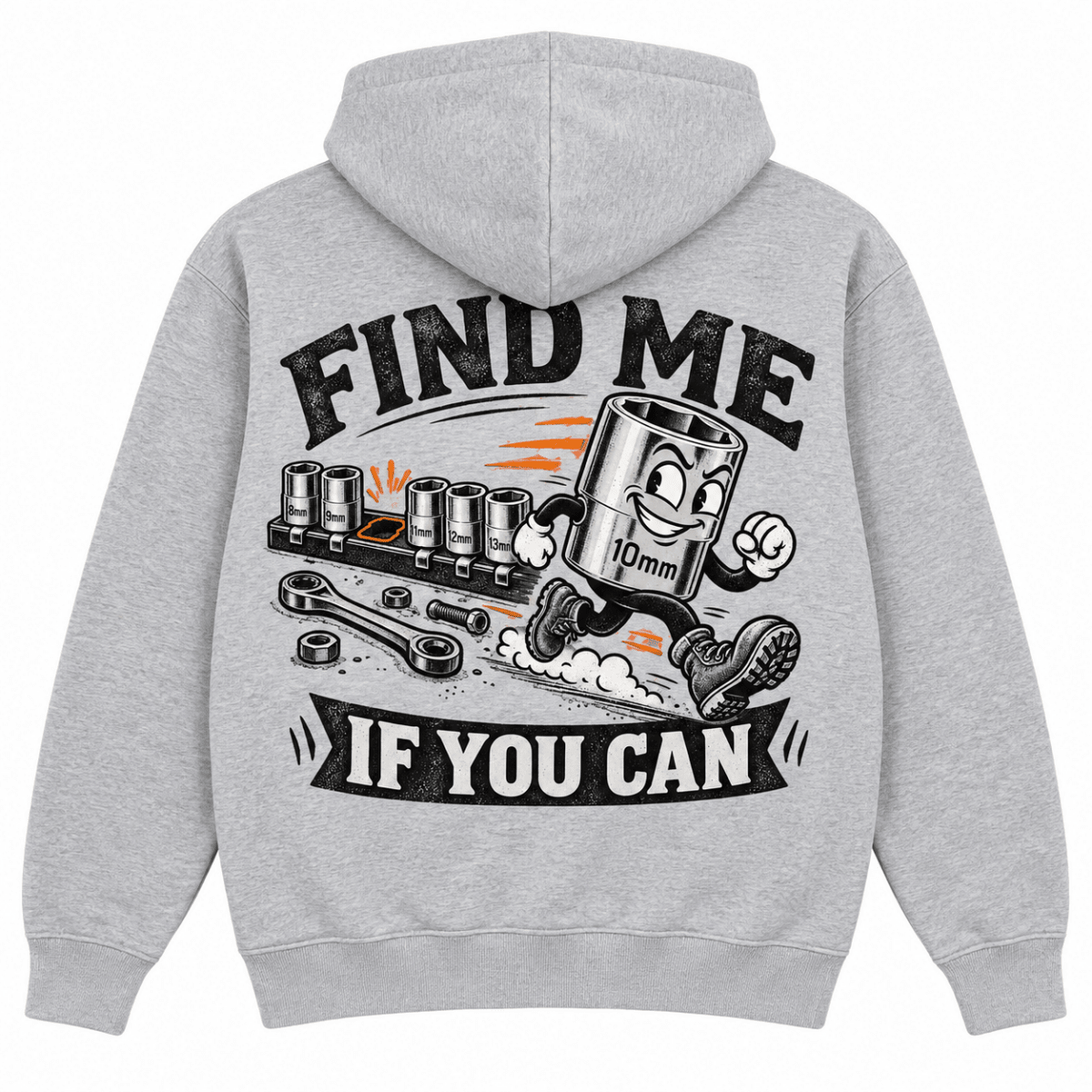 Find Me If You Can 10mm socket mechanic hoodie in sport grey (heather grey), back garment view – car-hd-0801