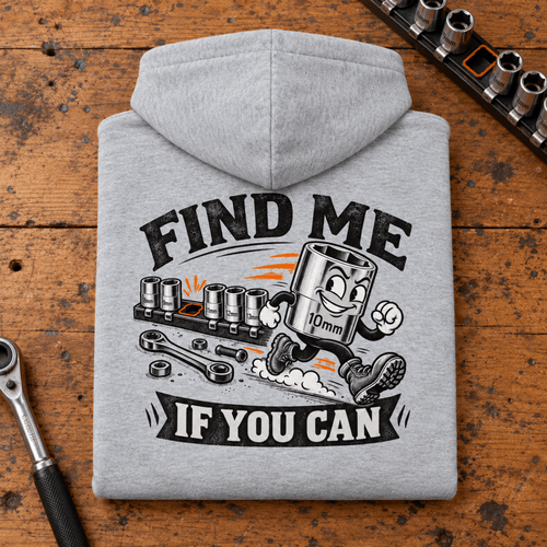 Camberline 10mm Socket Mechanic Hoodie in heather grey, folded back view on a workshop bench with full graphic visible