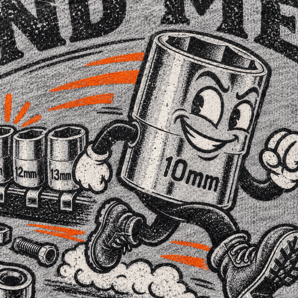Find Me If You Can 10mm socket mechanic hoodie in sport grey (heather grey), print close-up – car-hd-0801