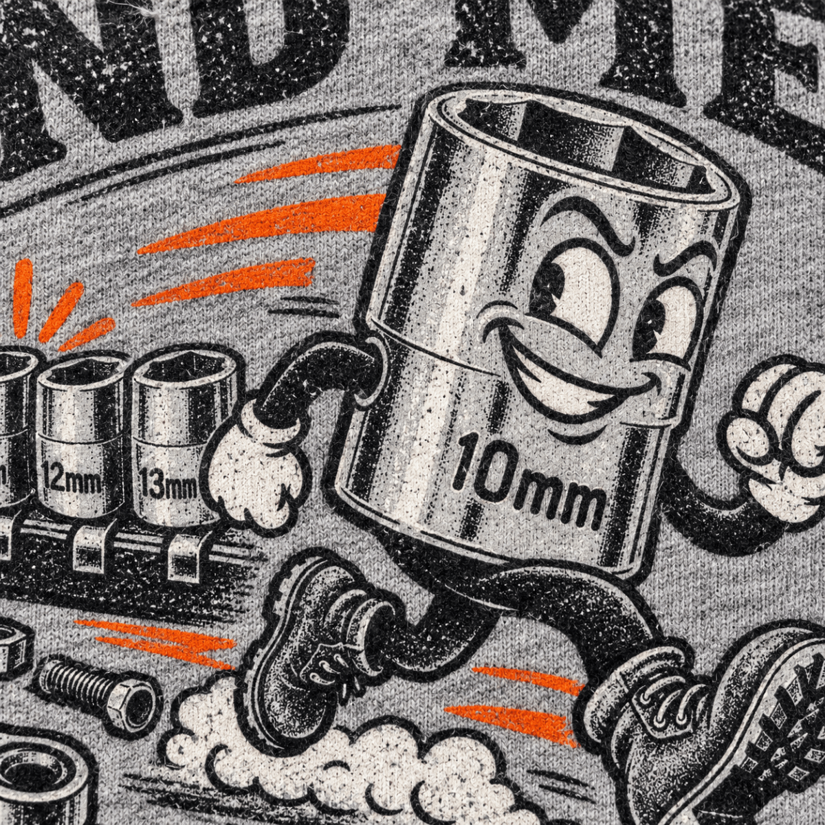 Find Me If You Can 10mm socket mechanic hoodie in sport grey (heather grey), print close-up – car-hd-0801