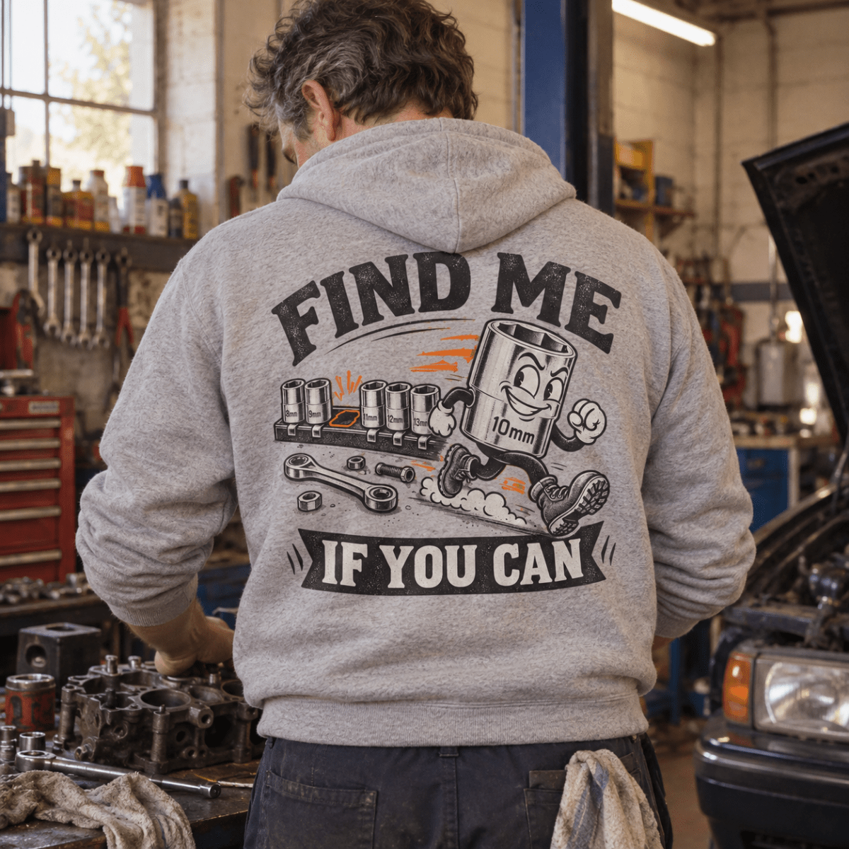 Find Me If You Can 10mm socket mechanic hoodie in sport grey (heather grey), model back – car-hd-0801