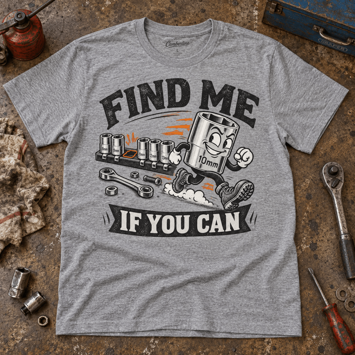 Find Me If You Can 10mm socket mechanic t-shirt in sport grey (heather grey), front garment view – car-ts-0801