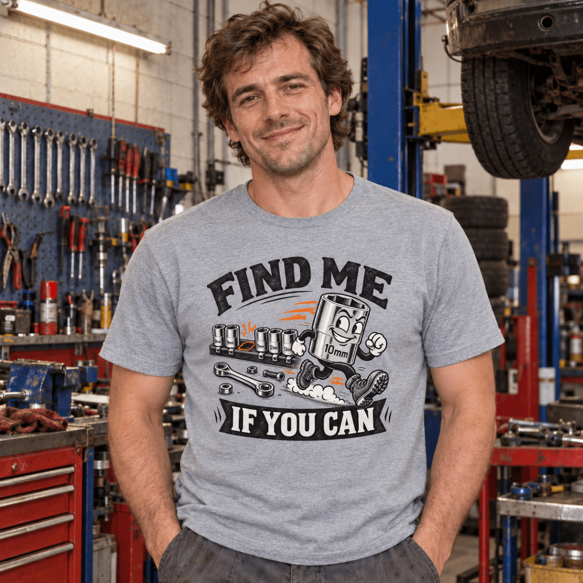 Find Me If You Can 10mm socket mechanic t-shirt in sport grey (heather grey), model front – car-ts-0801
