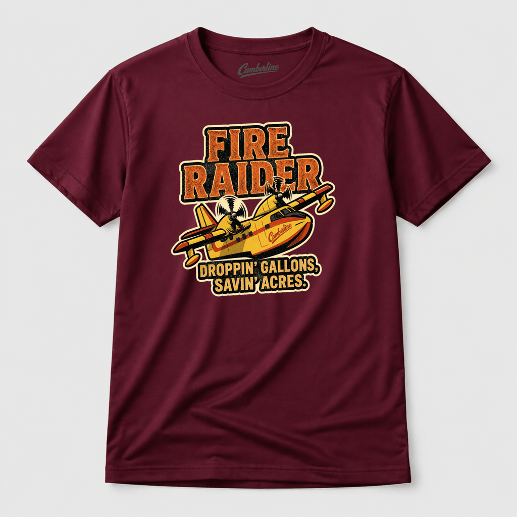 Maroon t-shirt with 'Fire Raider' graphic design on a white background