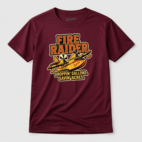 Maroon t-shirt with 'Fire Raider' graphic design on a white background