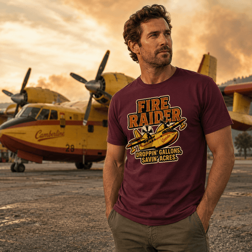 Man wearing a 'Fire Raider' t-shirt in front of a yellow airplane with a sunset background