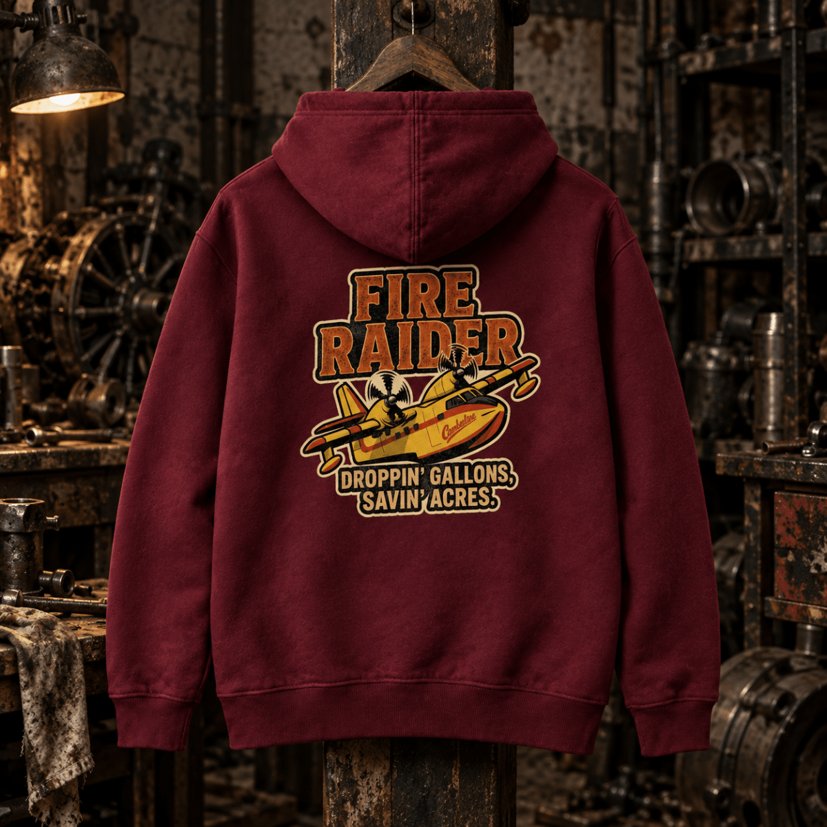 Fire Raider water bomber burgundy hoodie shown from the back in a gritty aircraft workshop – AVI-HD-0007