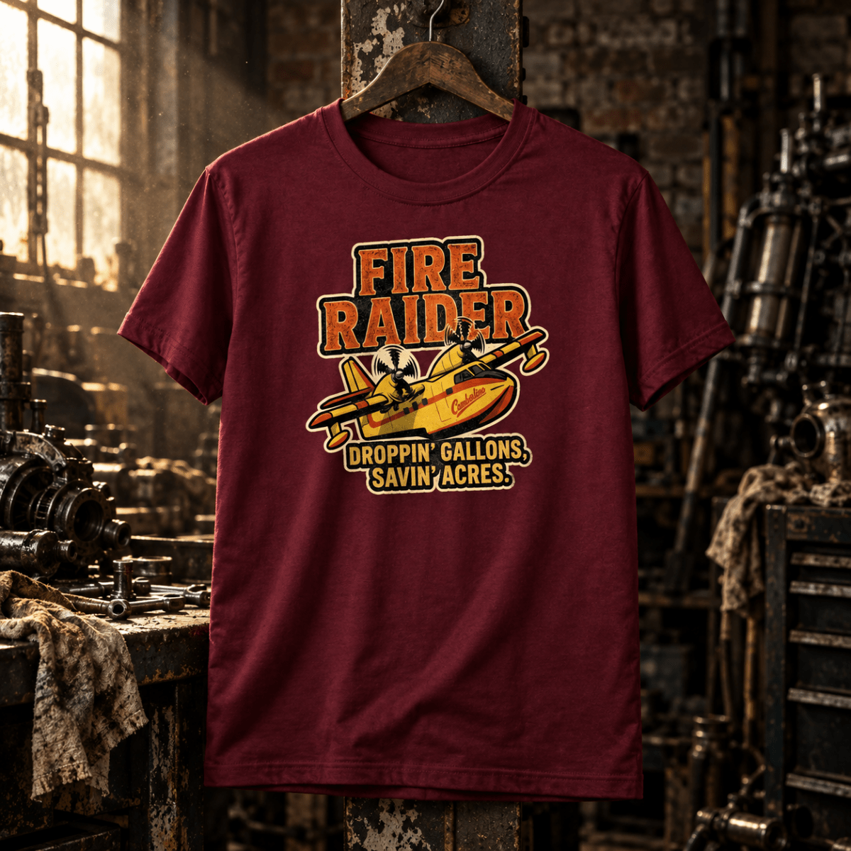 Fire Raider water bomber maroon T-shirt displayed in a gritty aircraft workshop – AVI-TS-0007