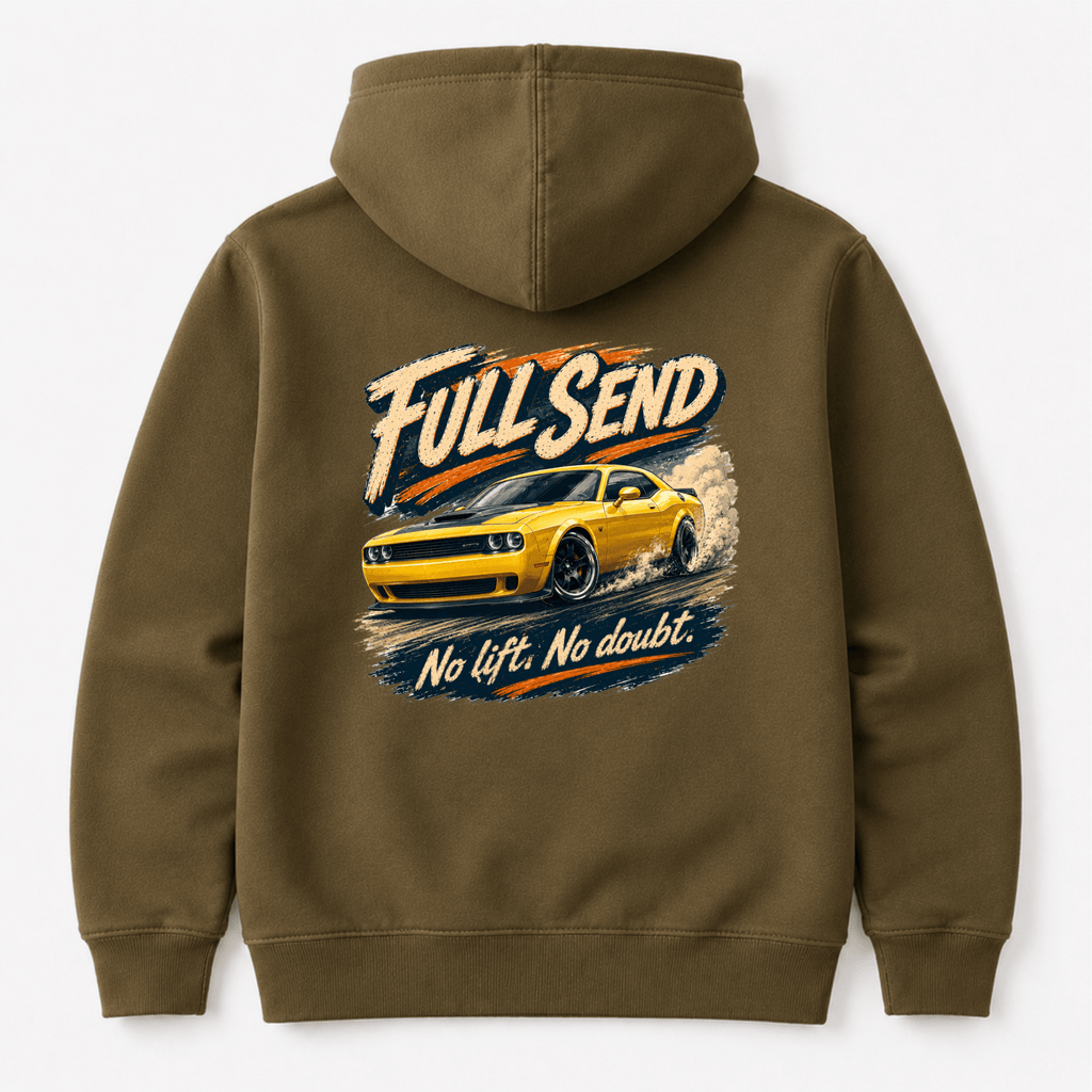 Camberline Cars Full Send Drag Racing Hoodie in Combat Green showing back graphic