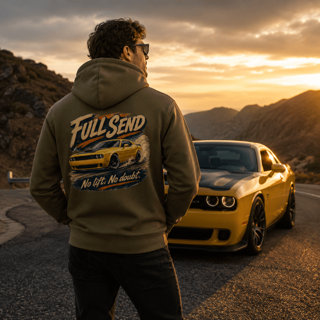 Model wearing Camberline Cars Full Send Drag Racing Hoodie in Combat Green, styled for car and 4x4 culture
