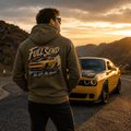 Model wearing Camberline Cars Full Send Drag Racing Hoodie in Combat Green, styled for car and 4x4 culture