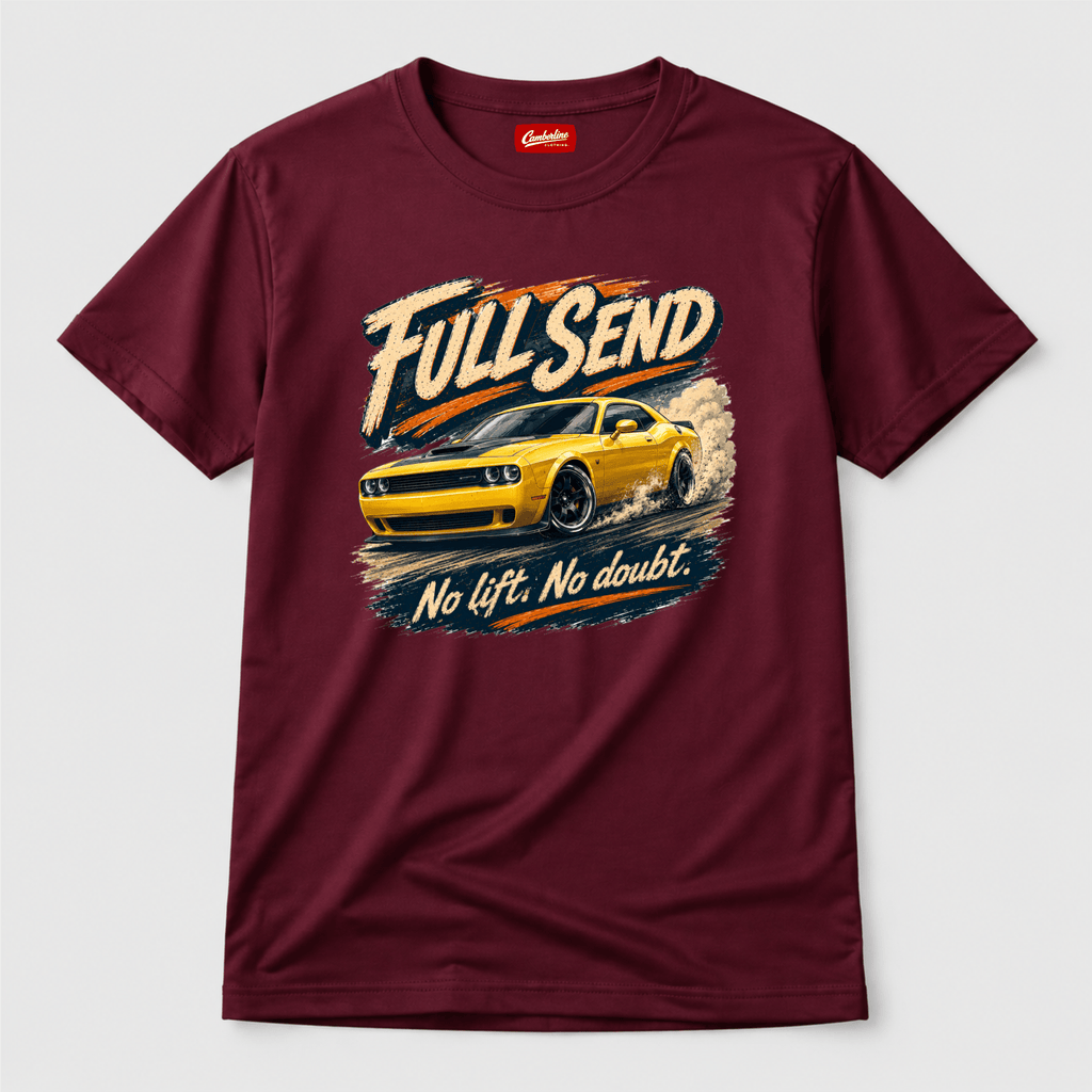 Camberline Cars Full Send Drag Racing T-Shirt in Maroon showing front graphic