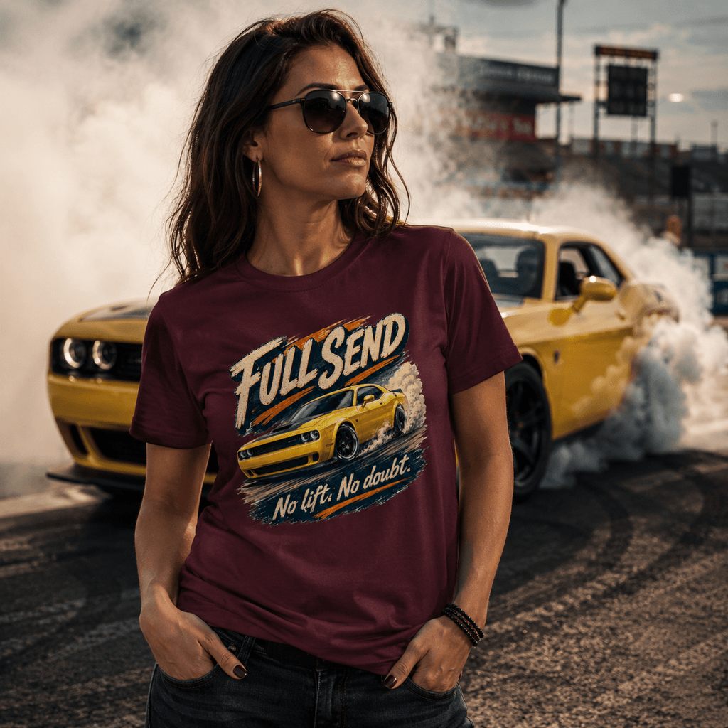 Model wearing Camberline Cars Full Send Drag Racing T-Shirt in Maroon, styled for car and 4x4 culture