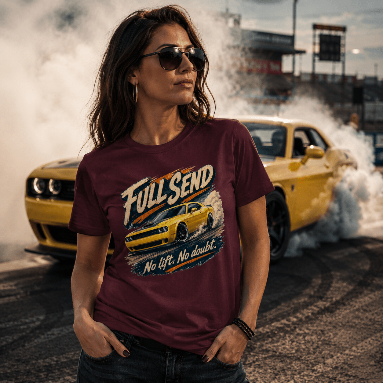 Model wearing Camberline Cars Full Send Drag Racing T-Shirt in Maroon, styled for car and 4x4 culture