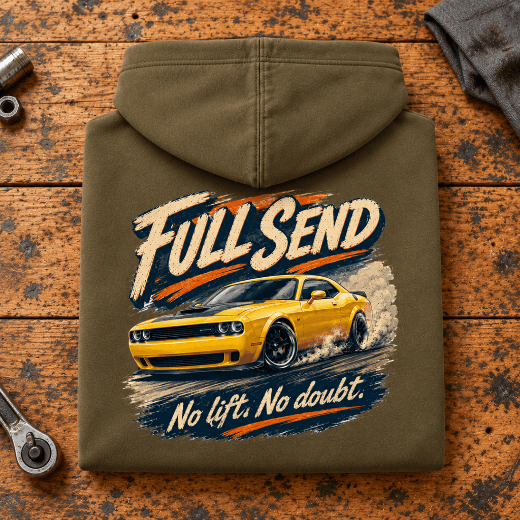 Folded combat green Full Send hoodie back on a workshop bench — car-hd-0089