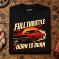 Muscle Car Graphic T-Shirt – Full Throttle Born To Burn Car, folded front main hero on a worn automotive workbench – car-ts-0027