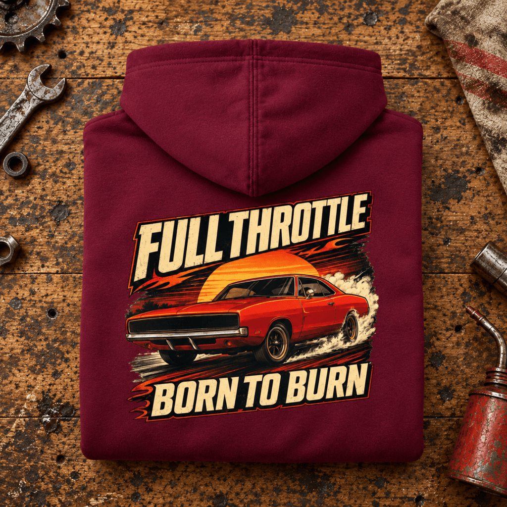Muscle Car Graphic Hoodie – Full Throttle Born To Burn Car, folded back main hero on a worn automotive workbench – car-hd-0027